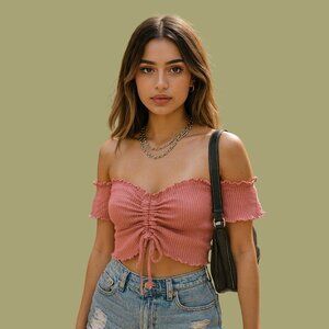 Kanji Pink Off-Shoulder Ruched Crop Top – Size S
